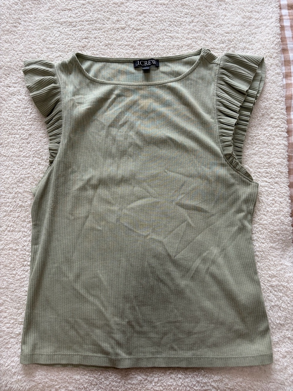 J. Crew Olive Ribbed Tank with Ruffle Cap Sleeves
